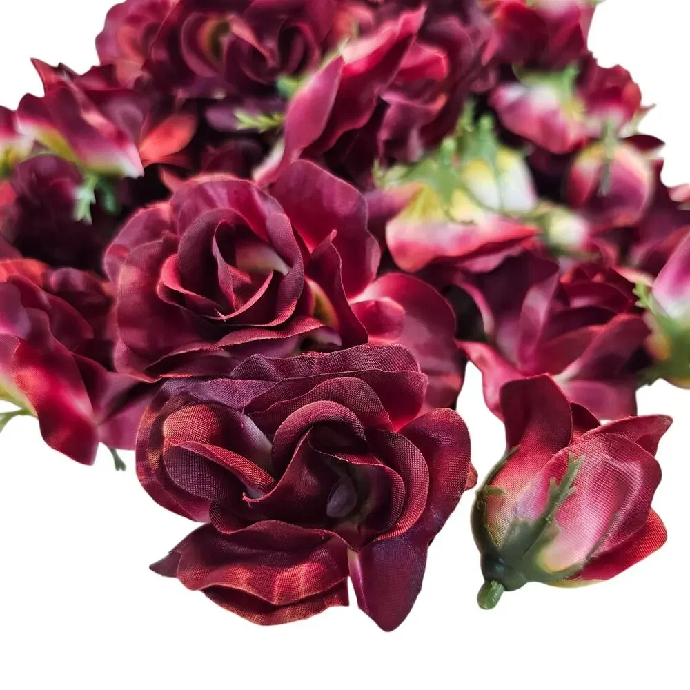 105 Wine Color Satin Rose Heads Lot Open Roses Buds Stemless Wedding Craft Decor